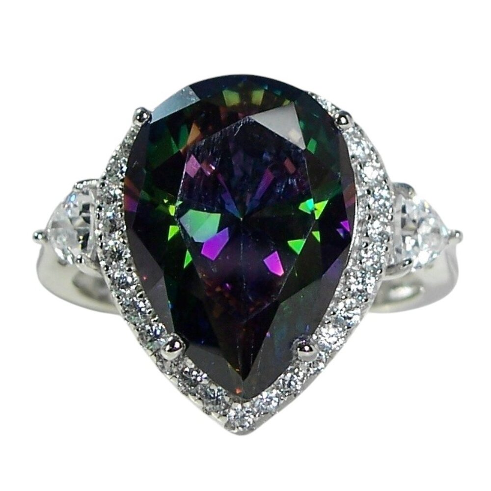925 Sterling Silver Simulated Mystic Rainbow Topaz CZ Pear Cut Halo Ring - Picture 2 of 16